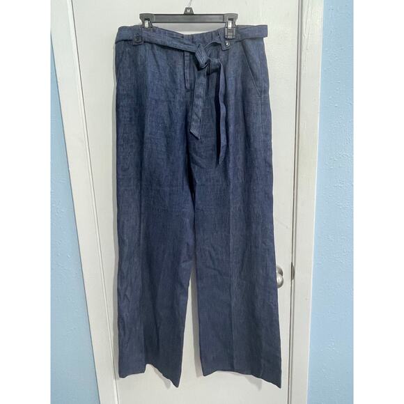 Lafayette 148 NY Linen Chambray Pants Size 6 High Rise Tie Belt Wide Leg Preppy - Picture 1 of 7